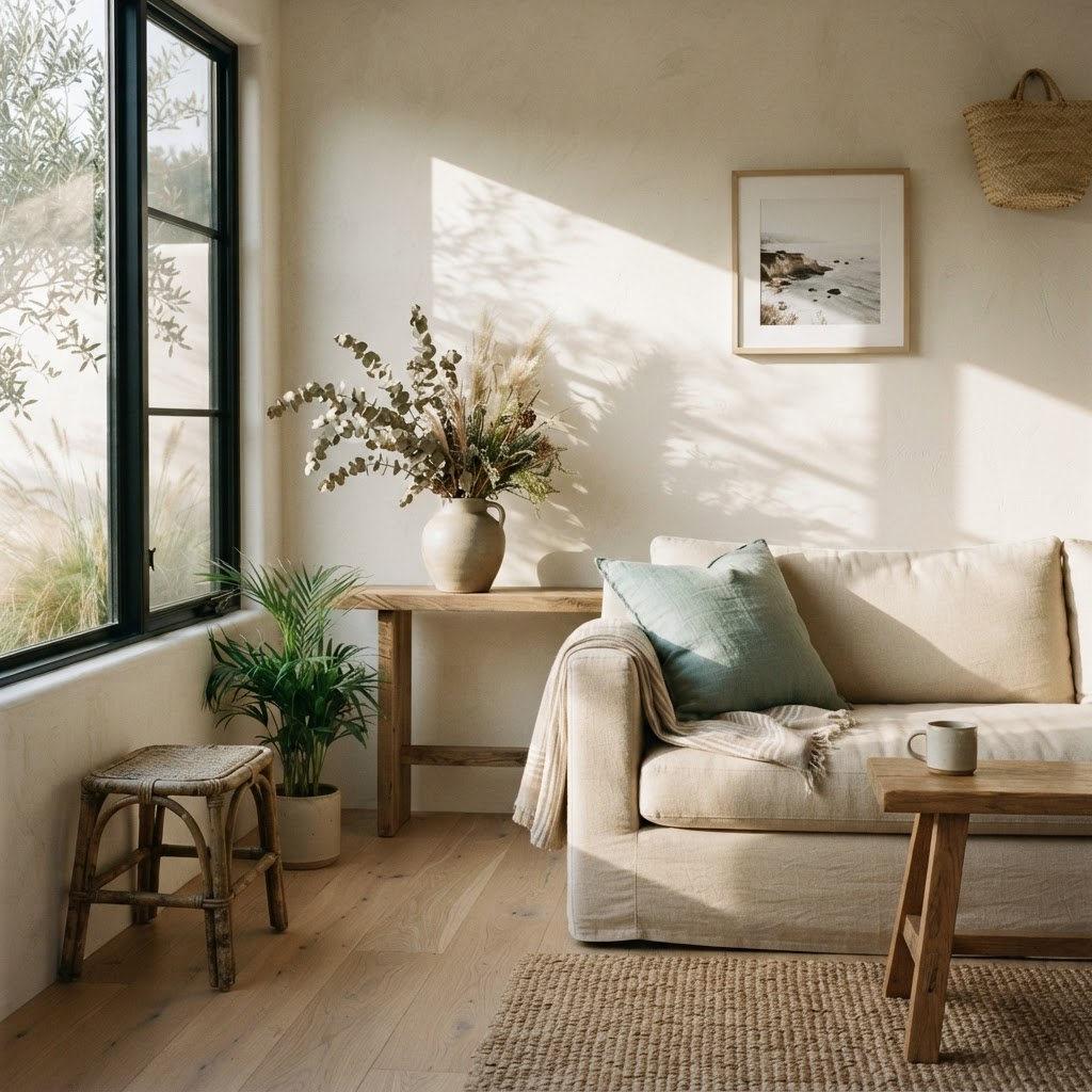 A bright coastal living room filled with warm morning light