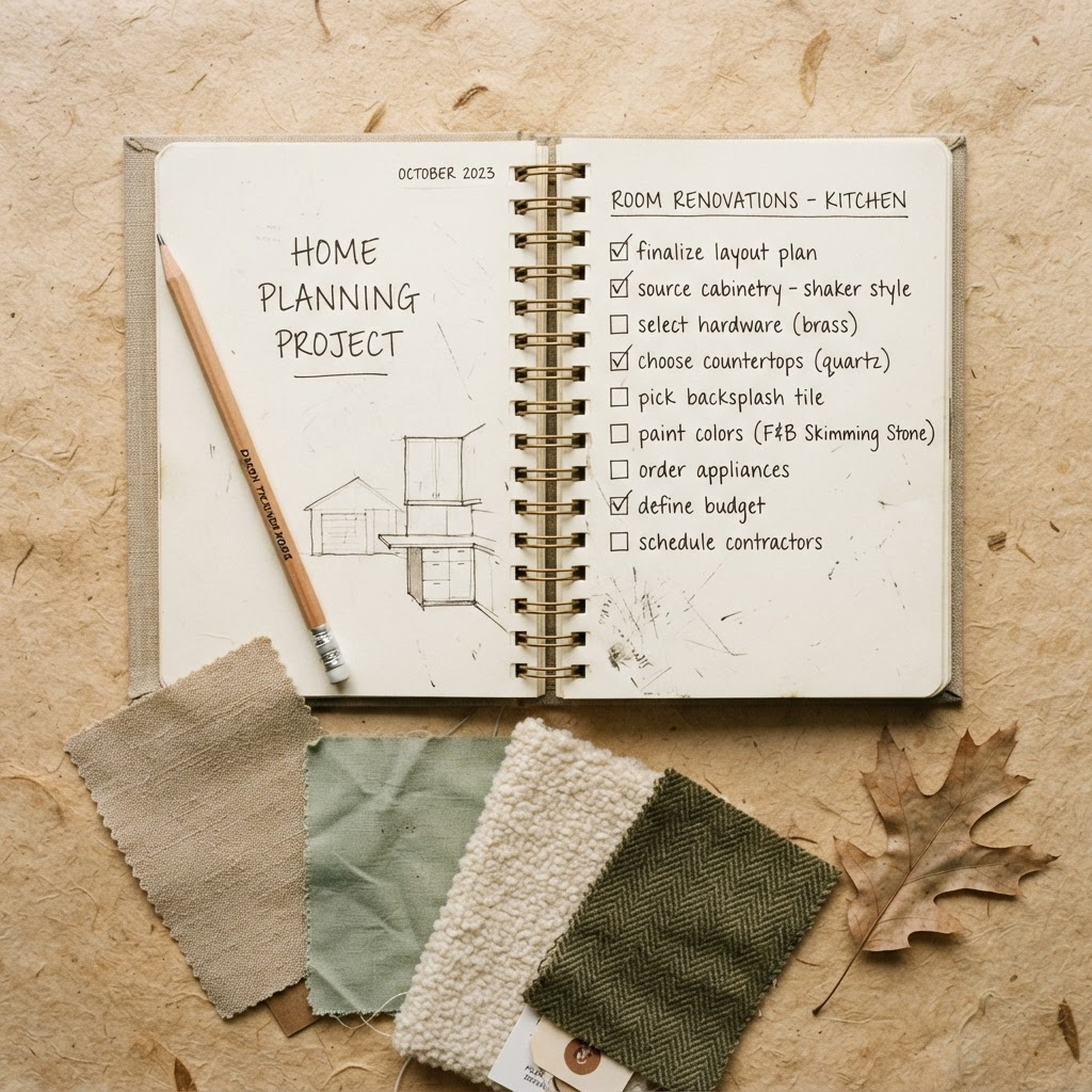 An open home planning notebook with handwritten checklist marks