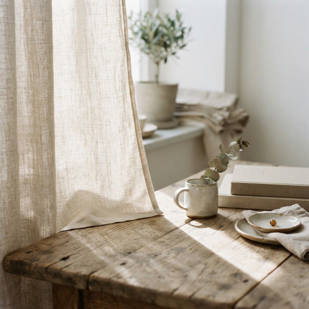 Soft sunlight falling through sheer linen onto a wooden surface