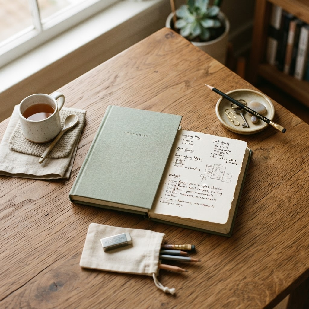 A wooden table with a notebook and a few sorted objects
